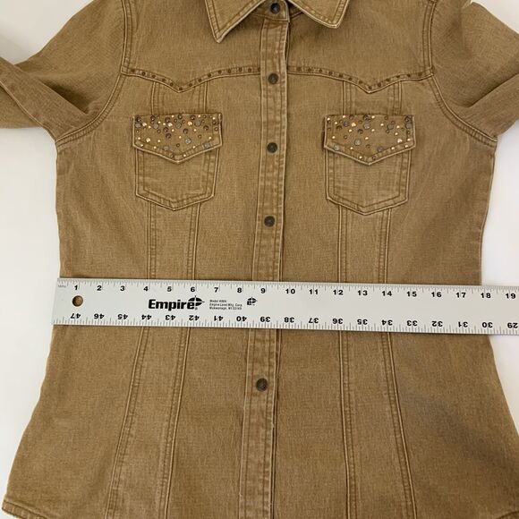 DG2 Denim Jacket Shacket M Snap Button Tan Embellished Flap Pocket Western Rodeo - Picture 8 of 10